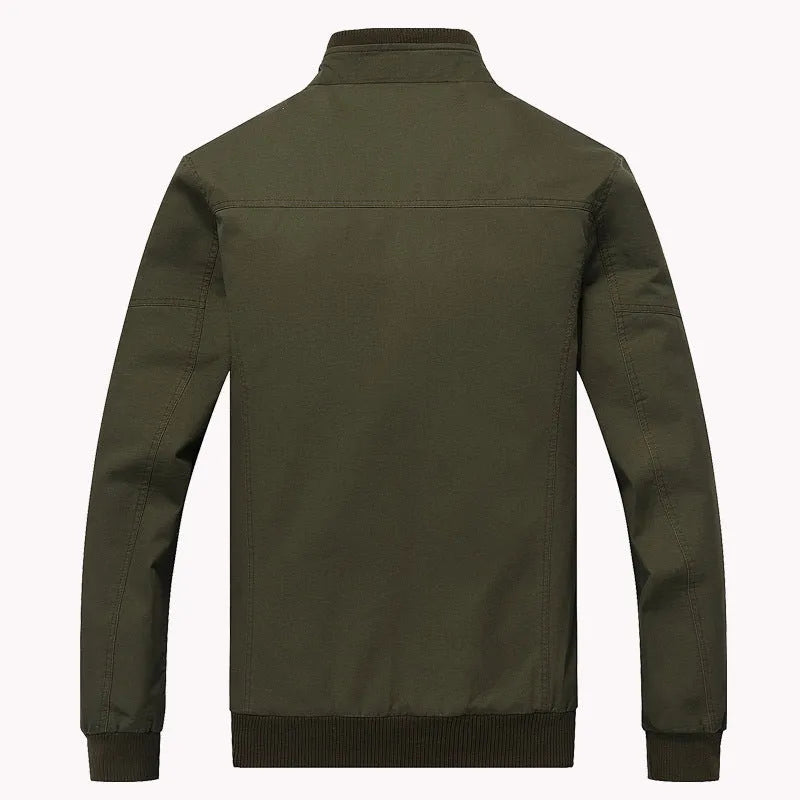 Men's winter bomber jacket in khaki, green or black, 100% cotton outer, polyester lining, long sleeve, badge detail, sizes M to 6XL.