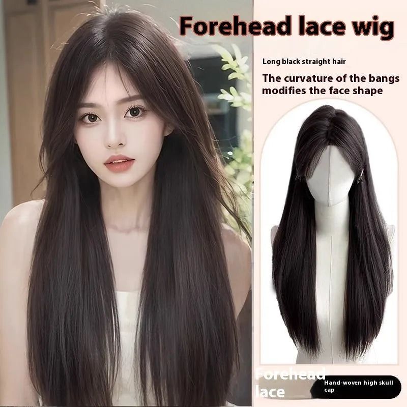 Black long straight synthetic wig with forehead lace and side bangs on a model.