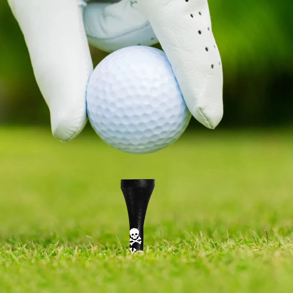 Black bamboo golf spike dowel pins with skull print in 70mm and 83mm lengths