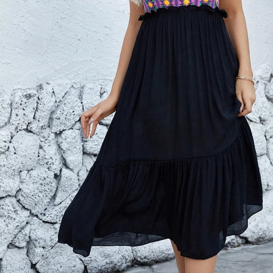 Purple sleeveless dress with hand-stitched floral pattern and matching acrylic skirt