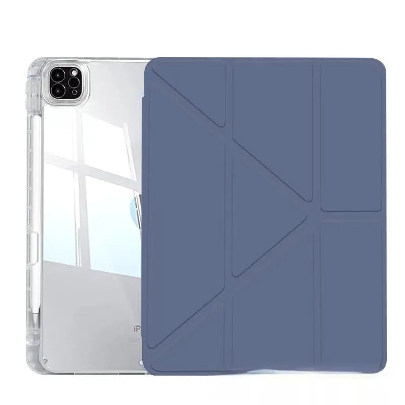 Clear acrylic iPad protective cover with a folding stand, shown in multiple colour options.