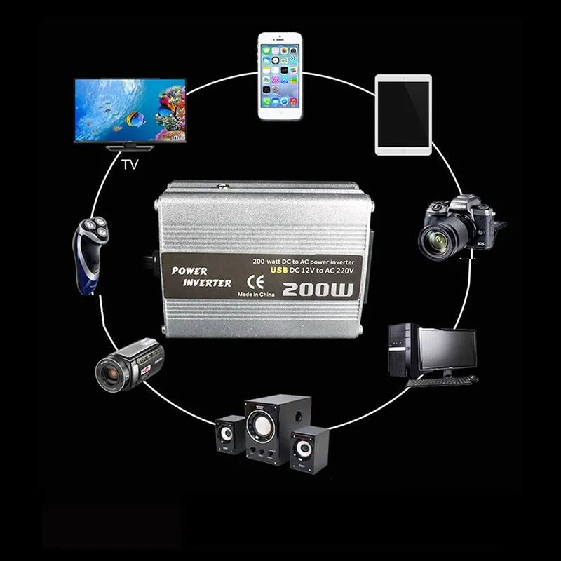 Silver 200W car inverter with USB port, 12V plug, and die-cast aluminium casing