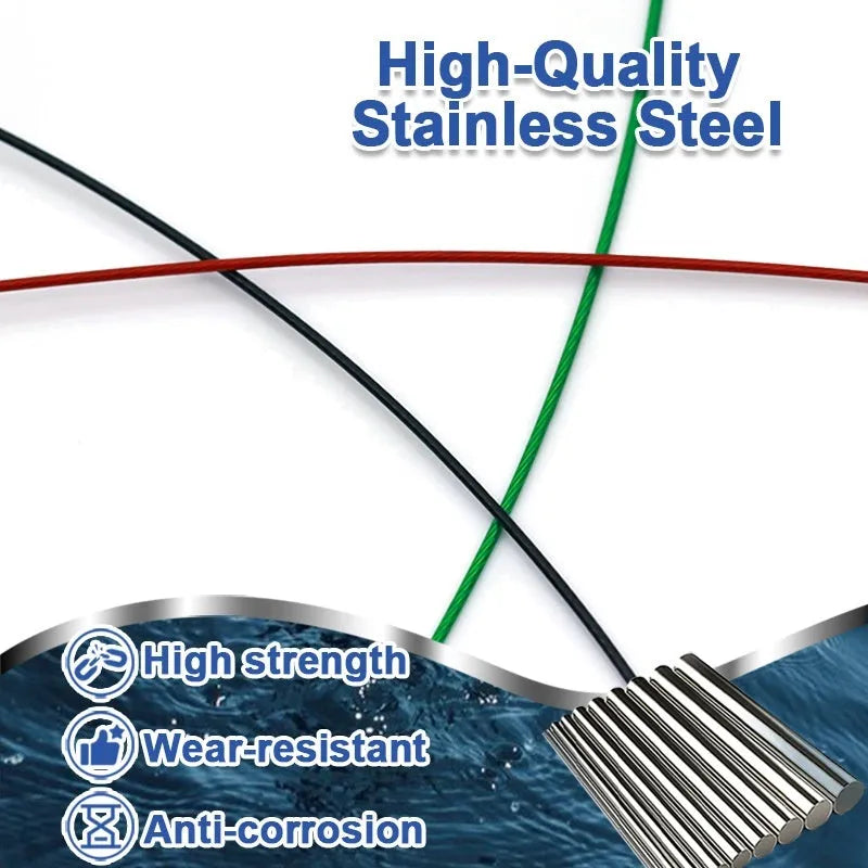 Anti-bite steel wire fishing gear accessories in green, black, and red colours with double buckle pins