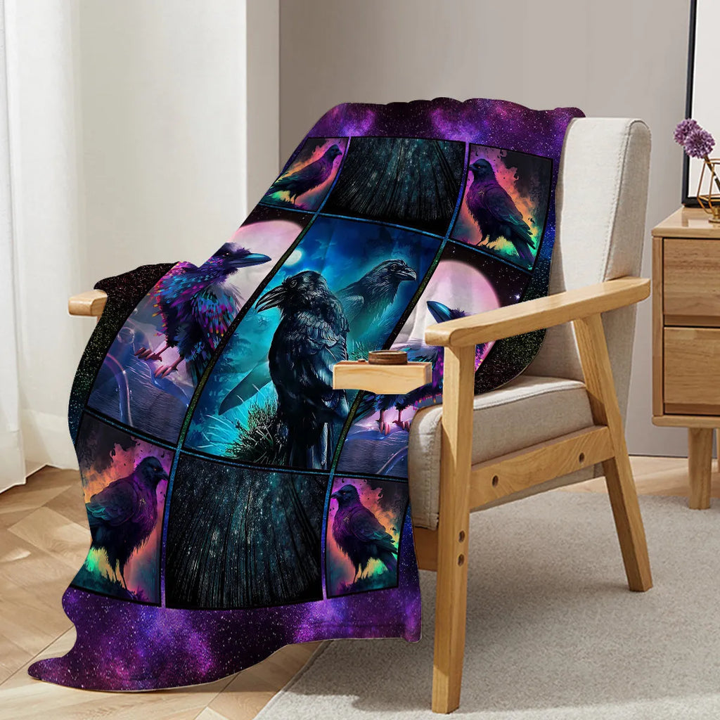 Multicoloured Raven print flannel blanket in 75x100cm, 130x150cm, and 150x200cm sizes with hemmed edges