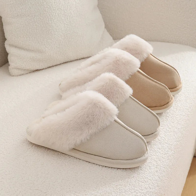 Women's plush indoor slippers with round toe, flat heel, and anti-slip PVC sole in five colour options