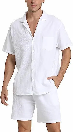 Men's grey flax linen short-sleeve top and matching shorts suit laid flat