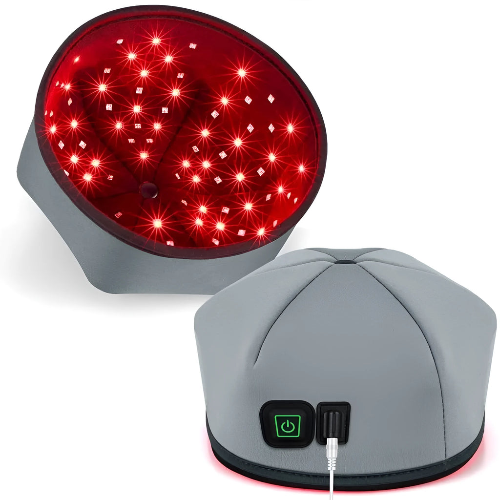 Red light hair growth cap with 120 LEDs in black colour on head model for scalp care