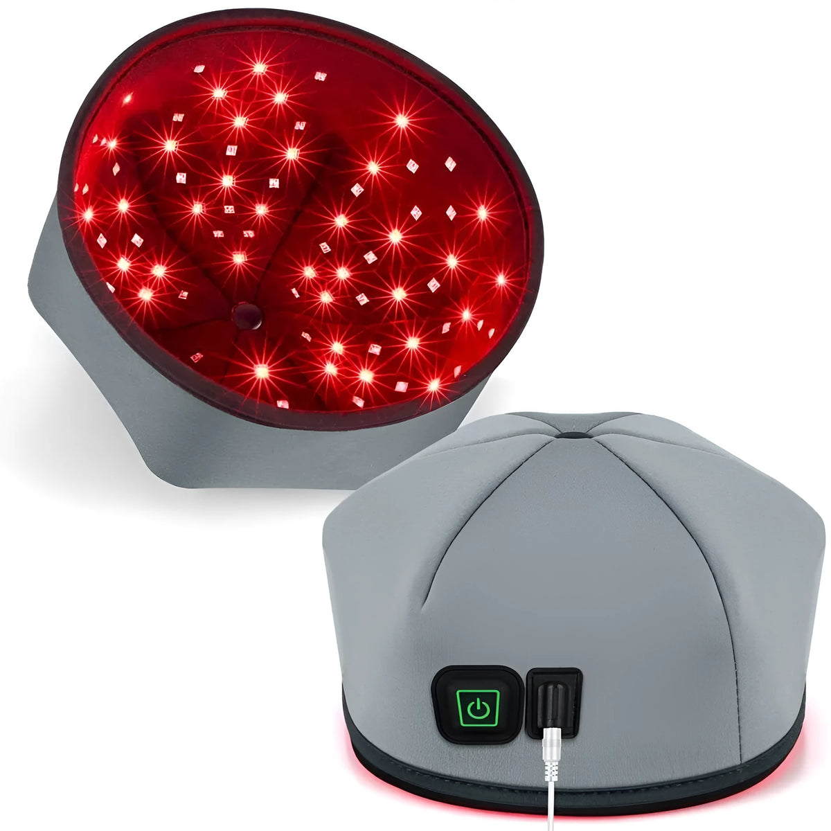 Red light hair growth cap with 120 LEDs in black colour on head model for scalp care