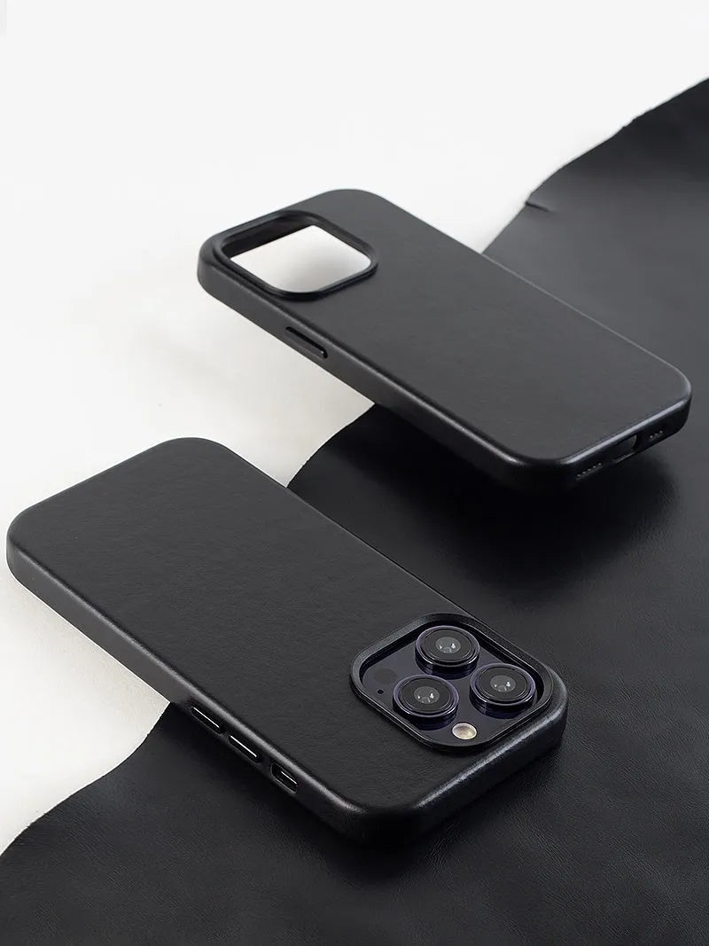 Genuine leather magnetic phone case for Apple iPhone in Black with full edge wrapping cowhide cover