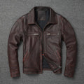 Men's short motorcycle leather coat in reddish brown with stonewashed distressed finish, front view