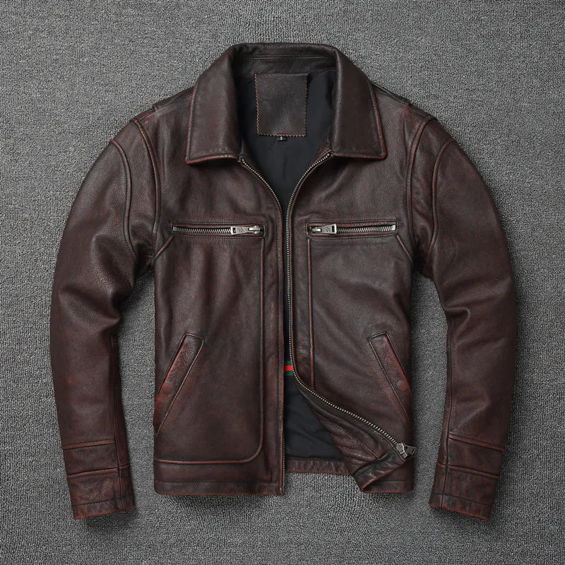 Men's short motorcycle leather coat in reddish brown with stonewashed distressed finish, front view