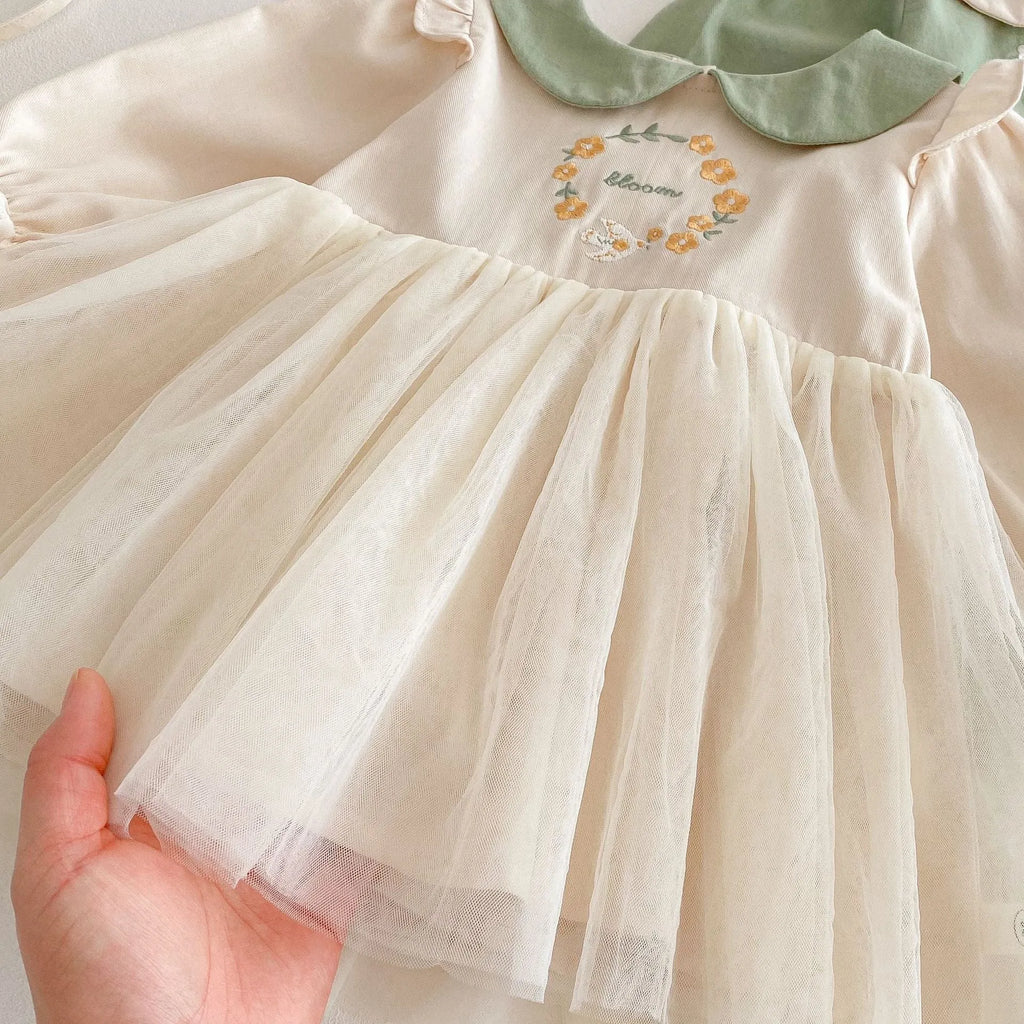 Girls' floral spring dress, long sleeve cotton dress in beige or pastoral green for heights 73-120cm
