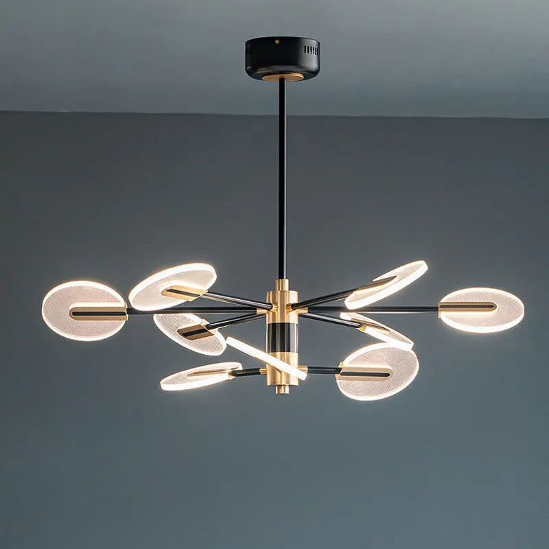 Iron and acrylic LED chandelier pendant light with multiple head options.