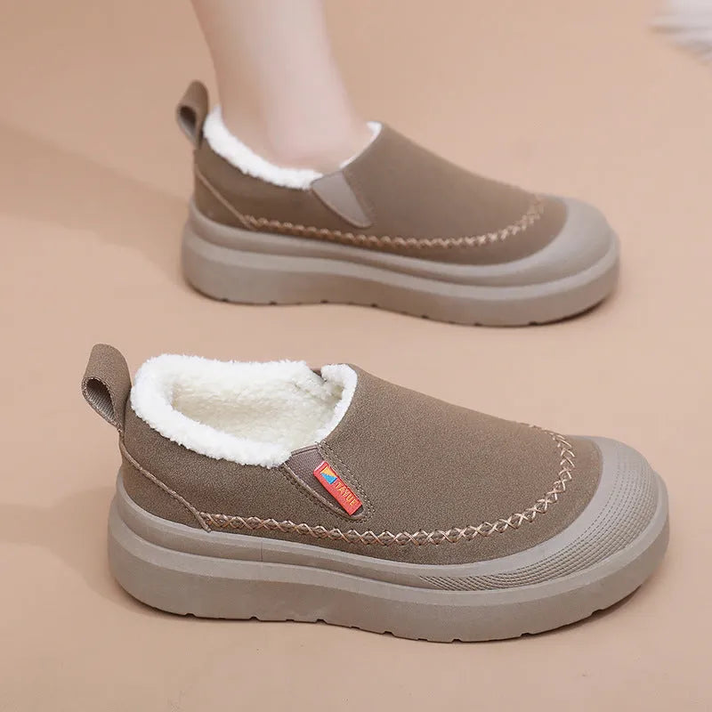 Fleece lined platform slip-on shoes in black, khaki, or brown with non-slip PVC sole, sizes 35-42