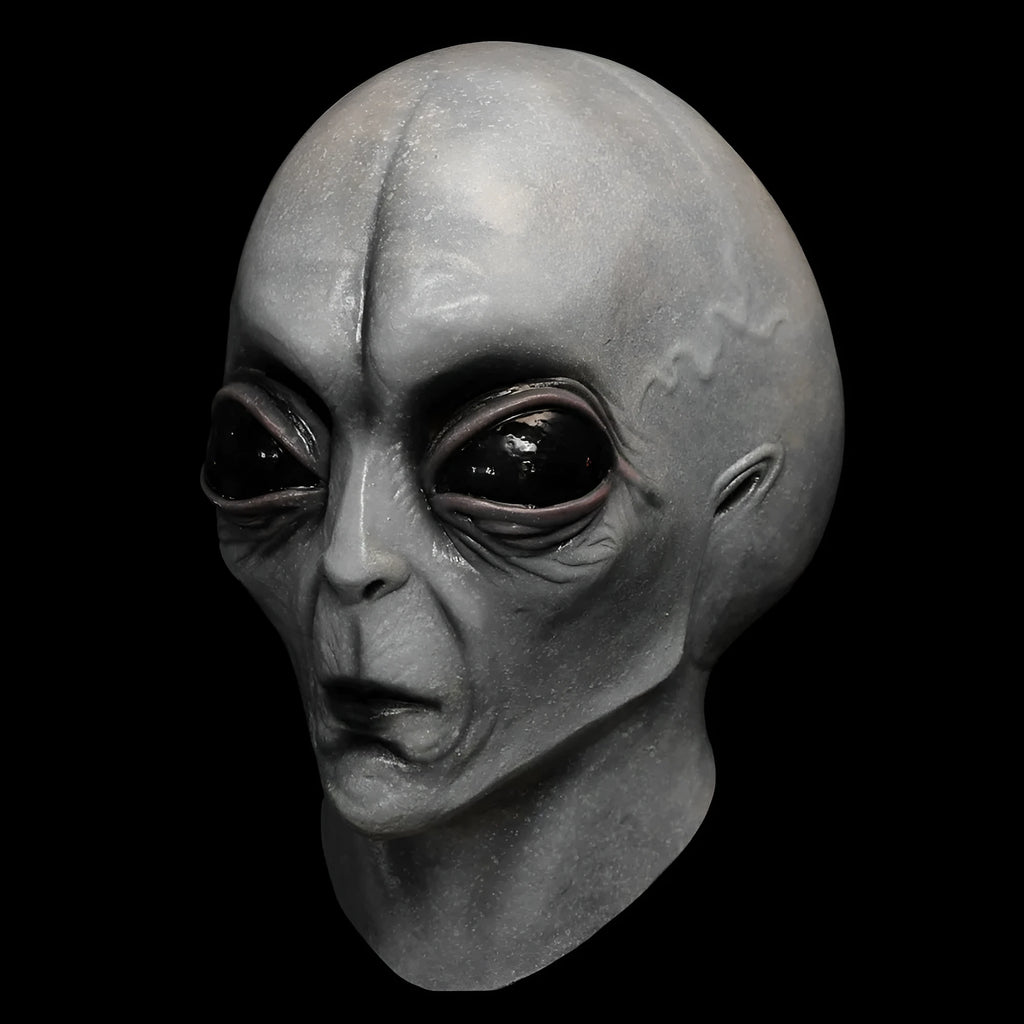 Grey latex big-eyed alien mask, 13cm x 22cm x 30cm, for Halloween fancy dress