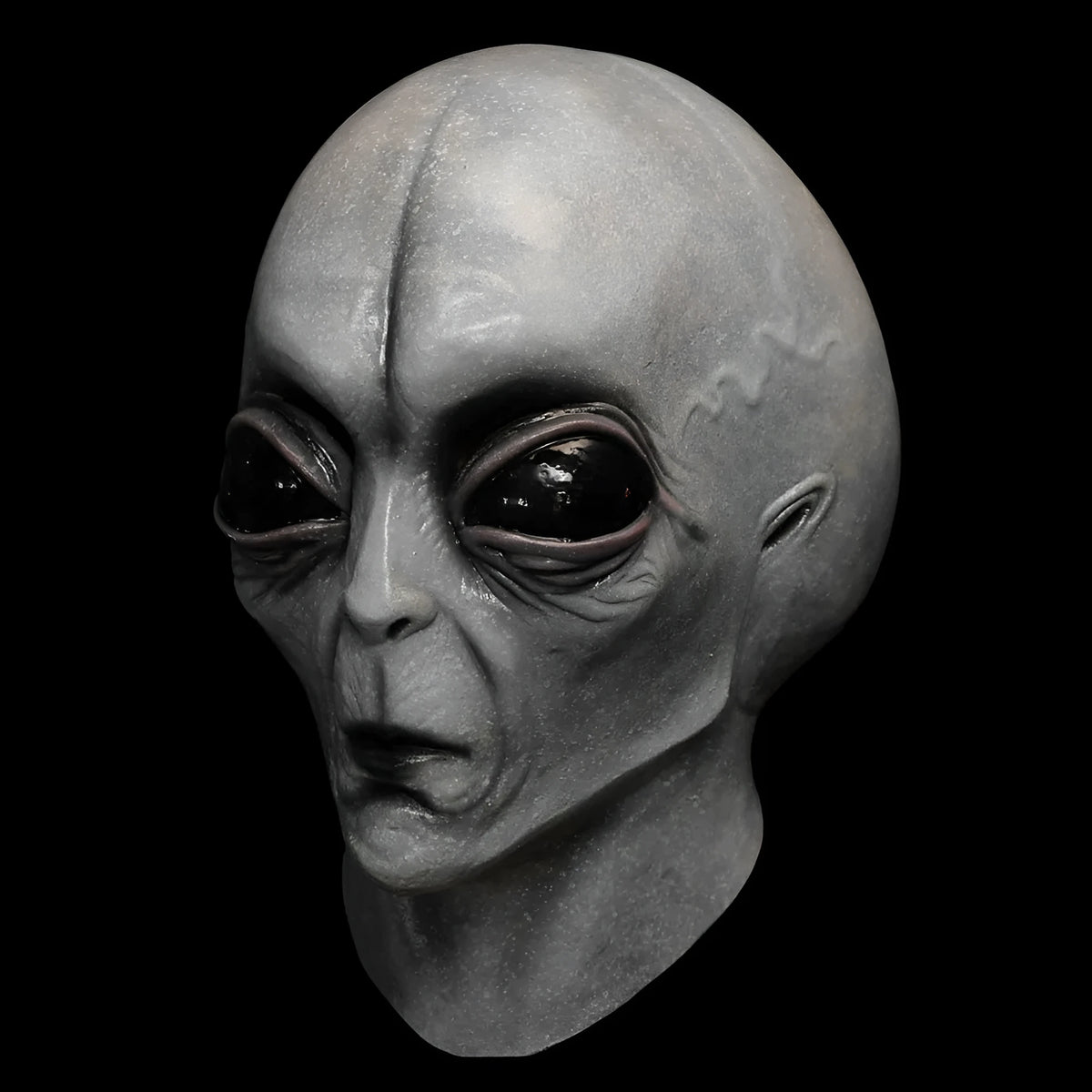 Grey latex big-eyed alien mask, 13cm x 22cm x 30cm, for Halloween fancy dress