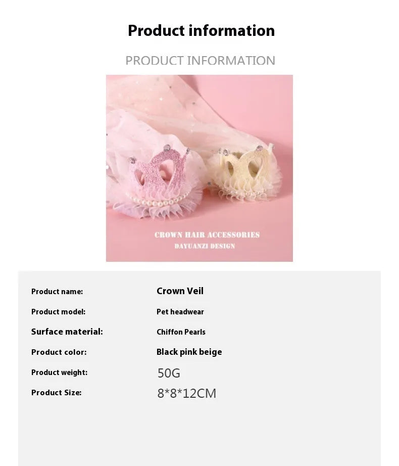 Beige and pink pet crown headdress with veil for cats at weddings and birthdays