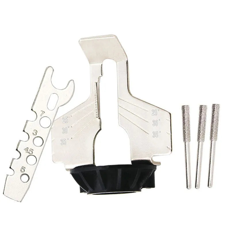 Silver metal electric chain grinding machine accessory with 100 teeth on a 20mm band saw blade.
