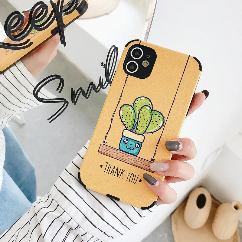 Cactus embossed iPhone case in blue or khaki, TPU and leather back cover with cartoon cactus design