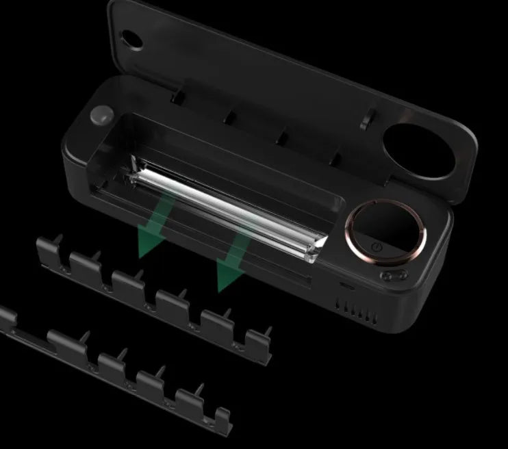 UV toothbrush holder sterilizer wall-mounted with LED display, black ABS, 217mm wide, rechargeable.