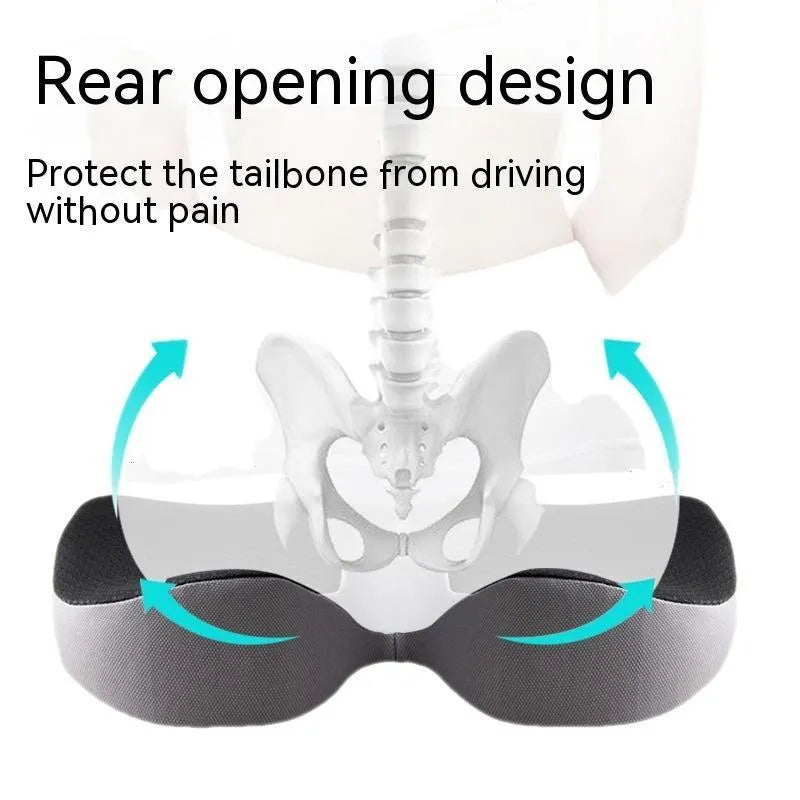 Curved bevel memory foam seat cushion for tailbone support in beige colour on a car seat.
