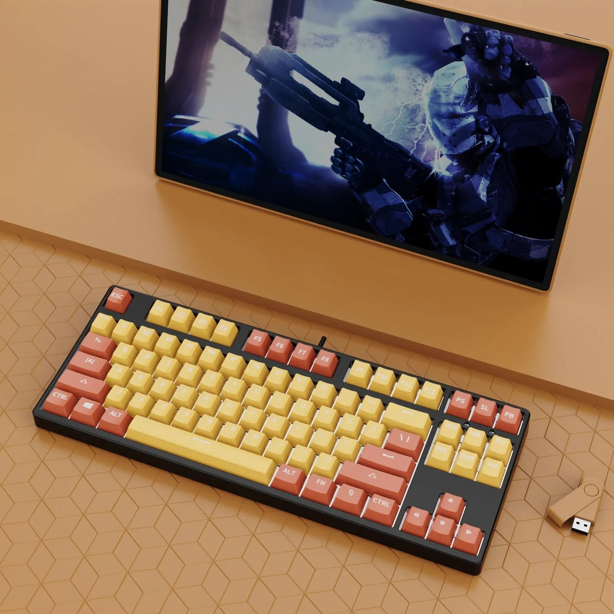 87-key wired mechanical keyboard with hot-swappable switches showing multiple colour combination options