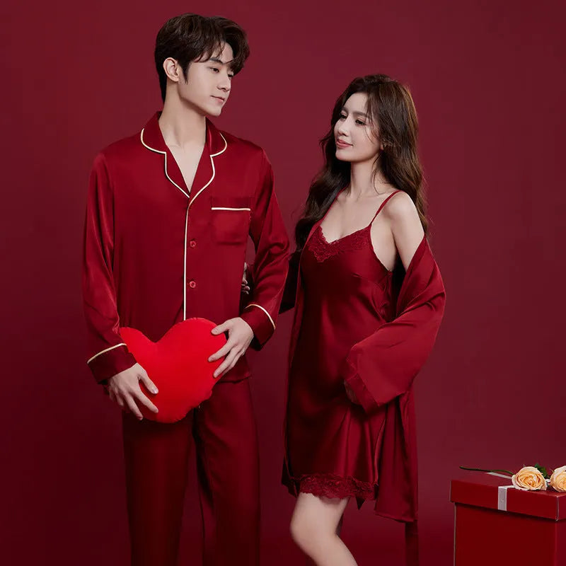 Red ice silk wedding dowry loungewear set for men and women with long sleeves and trousers