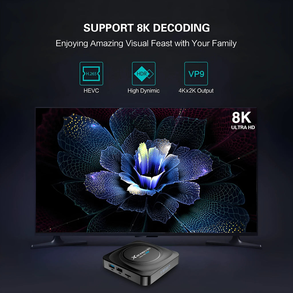 Compact black Android TV box with HDMI port, shown with remote control and power cable