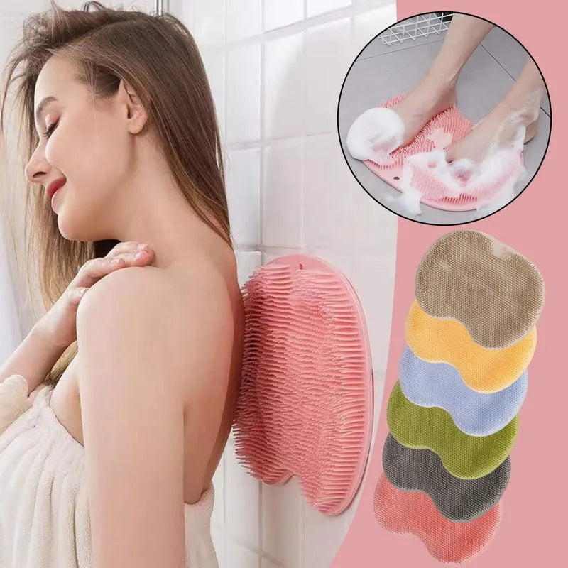 Orange non-slip TPR bath mat with silicone bristles for foot massage and cleaning.