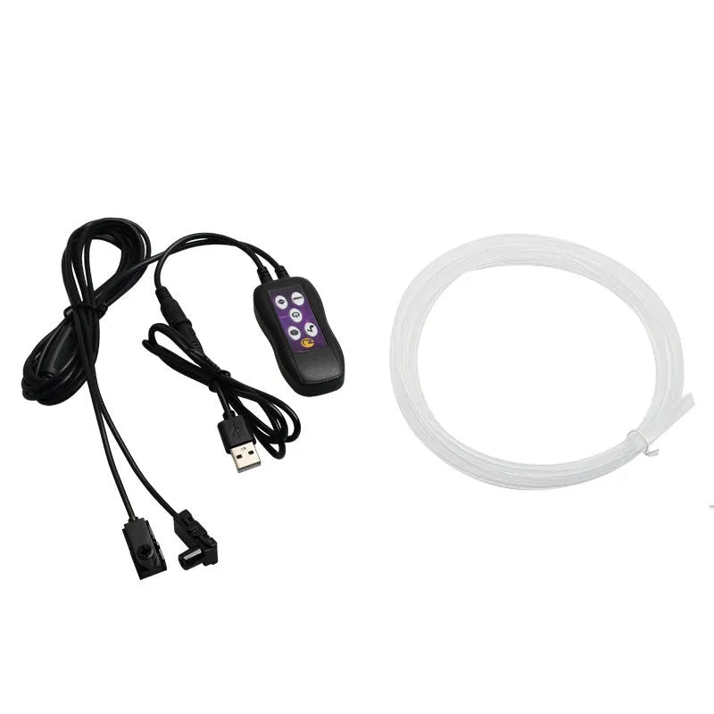 Car interior LED atmosphere light strips installed along dashboard and centre console with colour-changing illumination