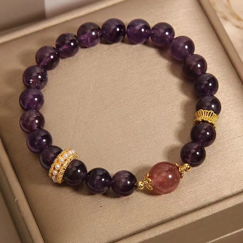 Women's natural amethyst and strawberry quartz bracelet with geometric garland design
