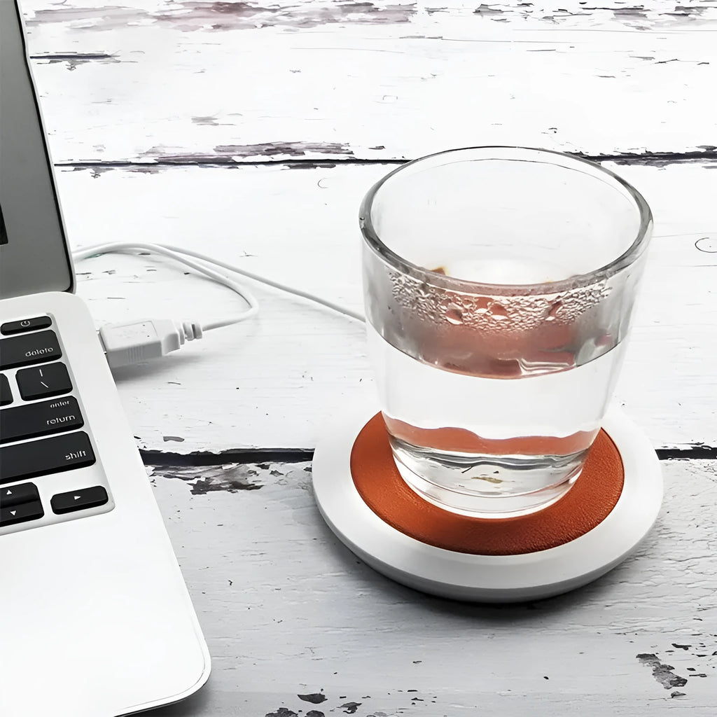 High temperature USB heated coaster in black, blue, and orange colour options