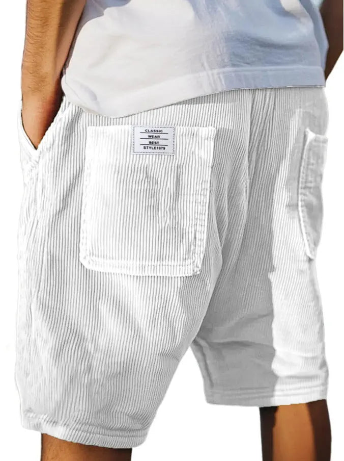Men's straight-cut corduroy shorts in multiple colours showing front pockets and embroidery detail.