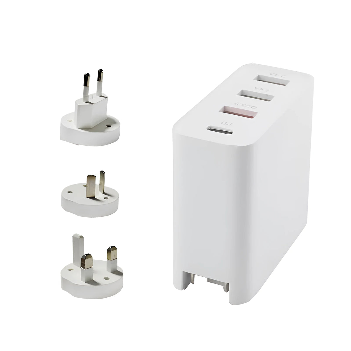 Black 48W four-port USB-C wall charger with multiple international plug adapters