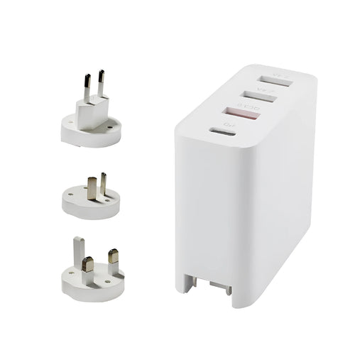 Black 48W four-port USB-C wall charger with multiple international plug adapters