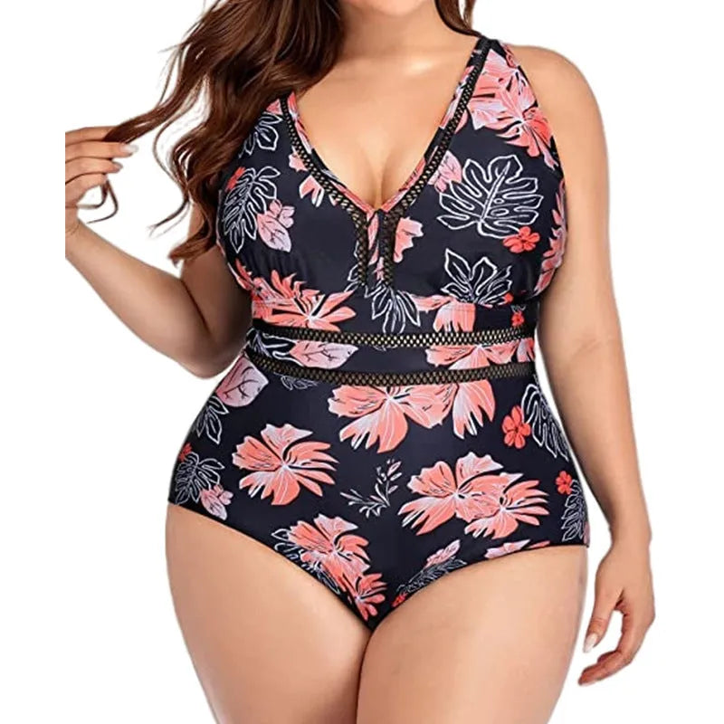 Black printed plus-size women's bikini with mesh stitching, sizes S to 5XL.