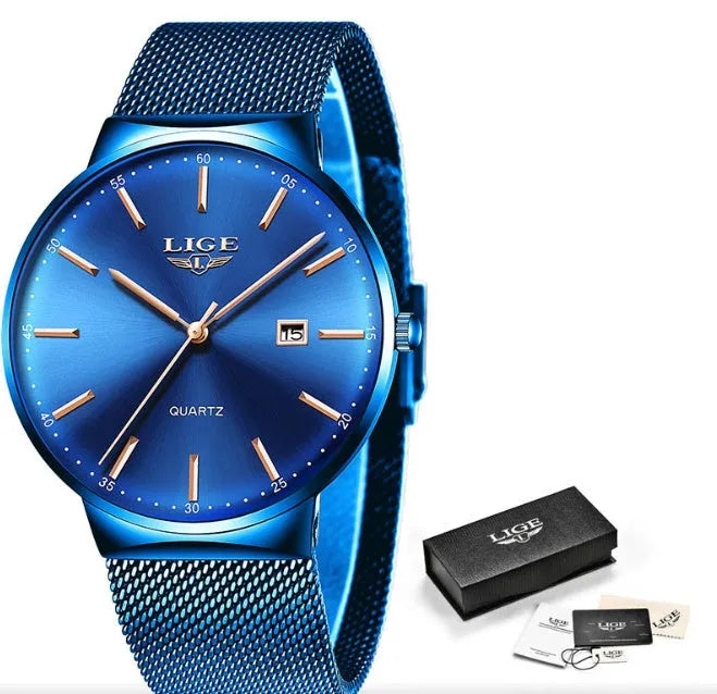 Men's stainless steel analogue watch with a 40mm black dial on a metal strap