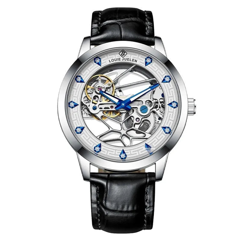 Men's silver case mechanical watch with white dial, blue hands, and black leather strap
