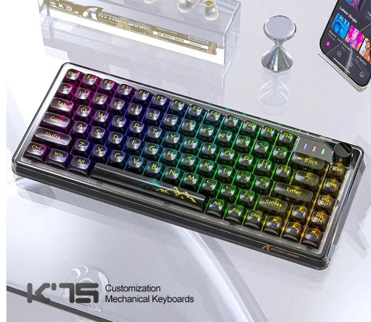 Attack Shark K75 wireless mechanical keyboard with transparent PC case in black or white, 75% compact layout with RGB lighting