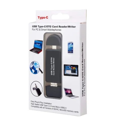 Black USB 3.0 memory card reader for SD and TF cards with USB-C connector