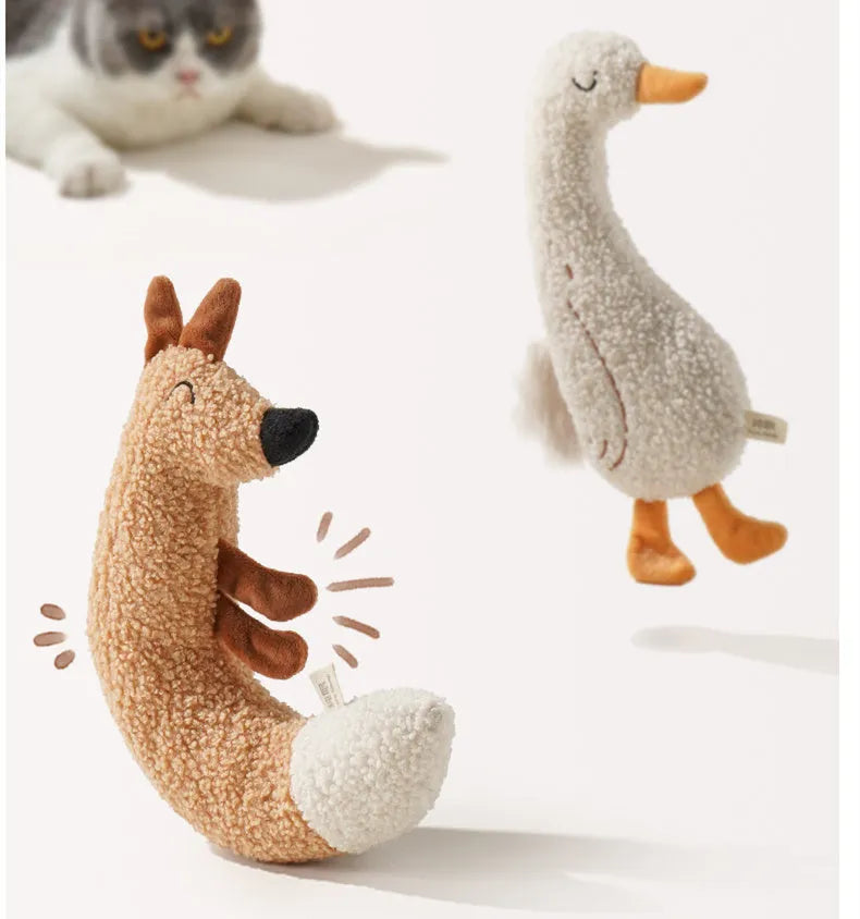 Cartoon dog chew toy in fox or duckling design with crinkle sound feature