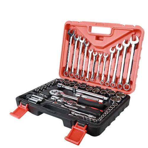 61-piece chrome vanadium steel metric socket wrench set with ratchets and extension bars