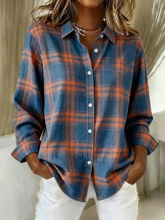 Women's long sleeve check print shirt, loose fit, polyester, sizes XS to 4XL