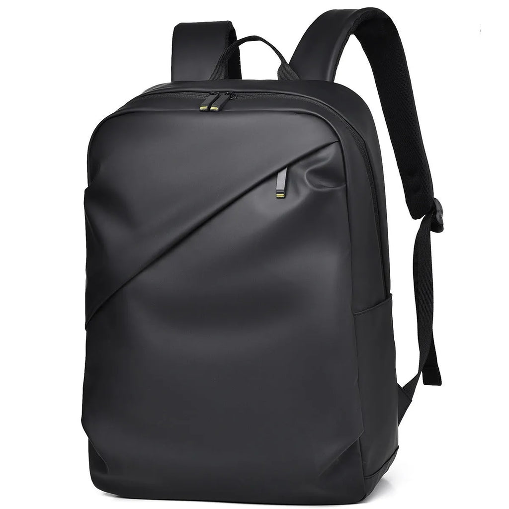 Simple black PU leather backpack with visible sewing thread detailing and large storage capacity