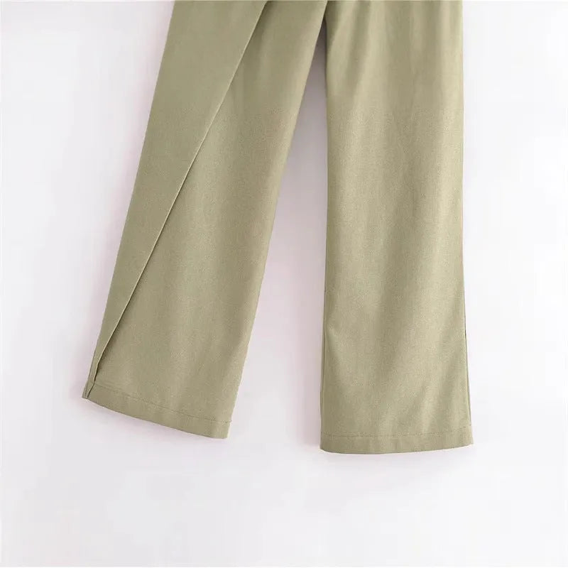 Women's cotton-linen casual trousers in army green, straight leg with mid-waist design