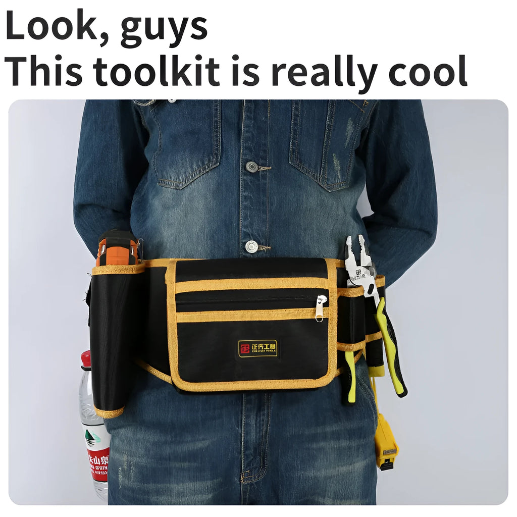Yellow canvas electrician tool waist bag with belt attachment for portable tool storage and repair tasks