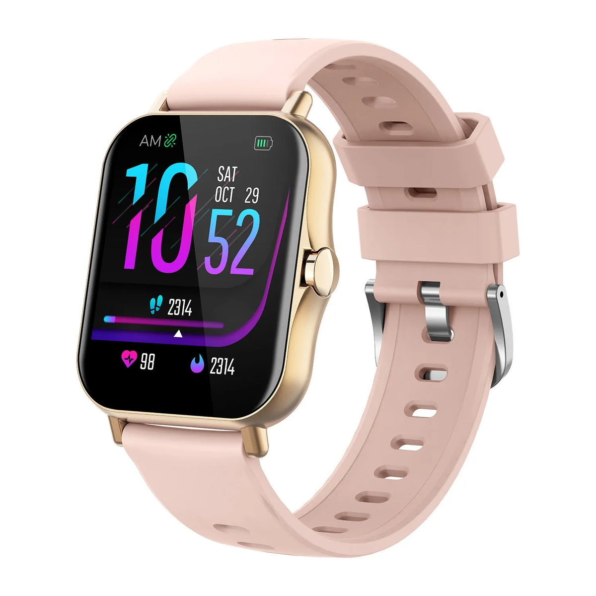 W10 Bluetooth smart watch showing heart rate monitoring on its 1.75-inch curved touch screen