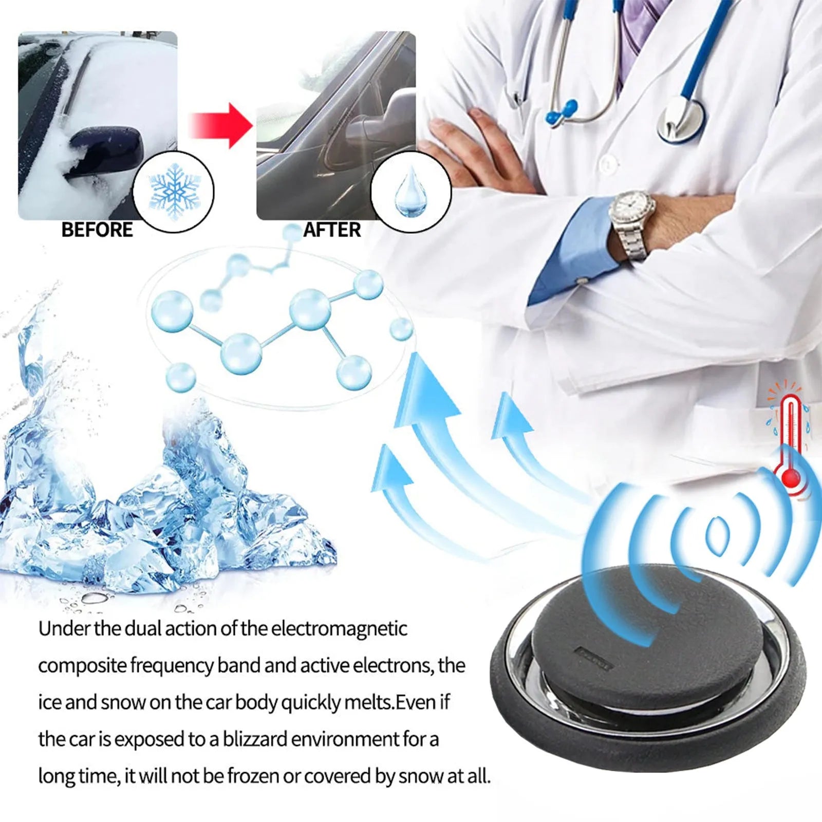 Black portable car deicing instrument measuring 7.4cm for melting ice on vehicle windscreens
