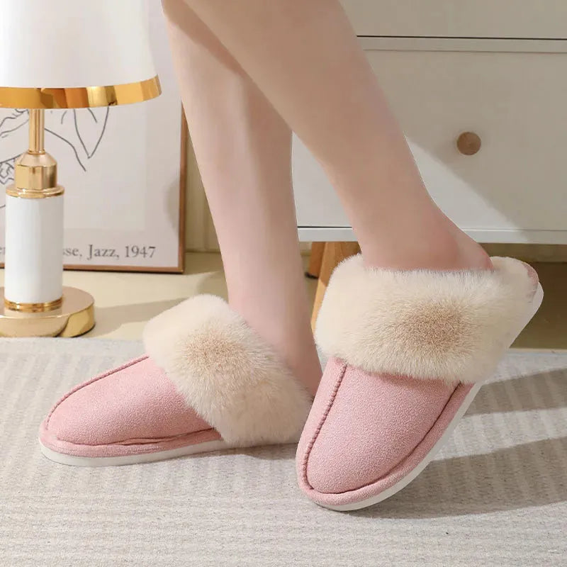 Women's plush indoor slippers with round toe, flat heel, and anti-slip PVC sole in five colour options
