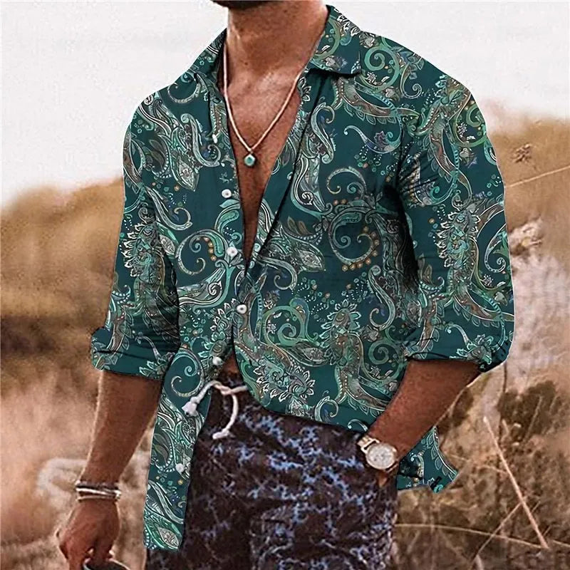 Men's bohemian floral pattern shirt with 3D printing and long sleeves